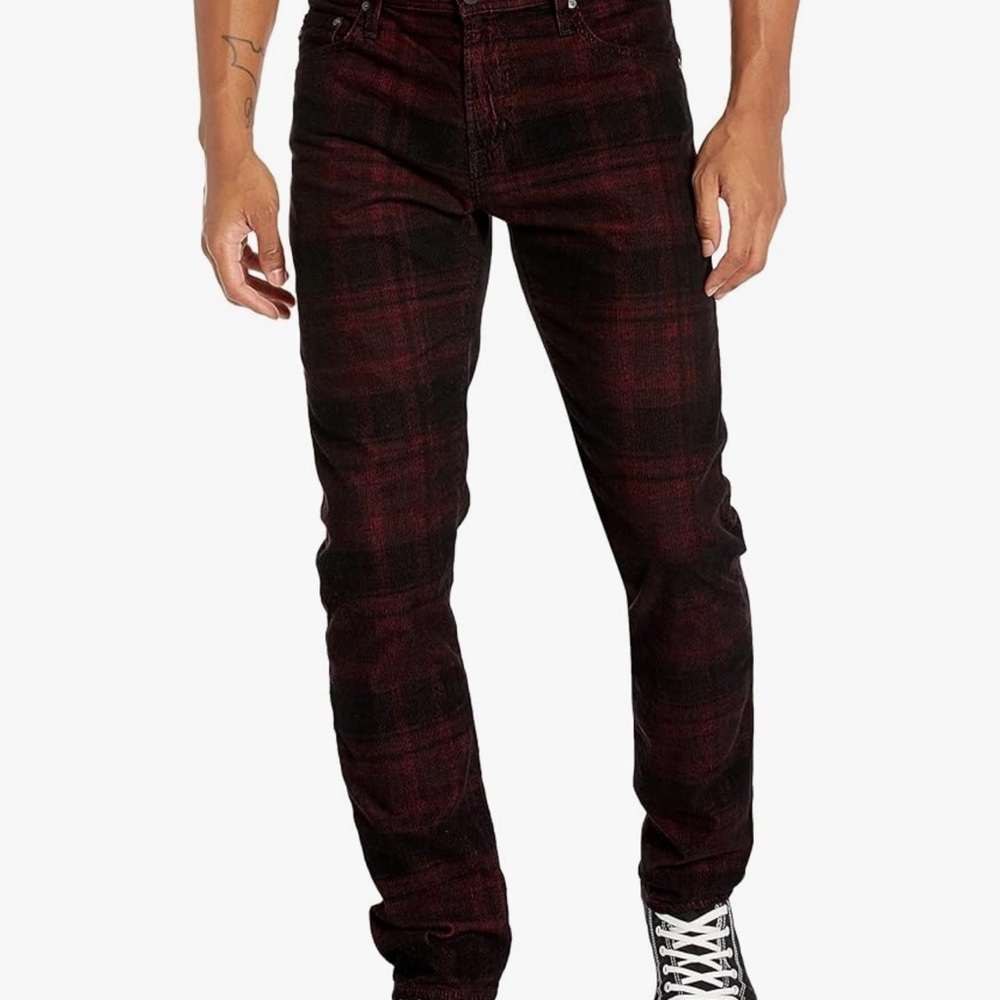 AG Adriano Goldschmied Corduroy Taran Plaid Burgundy and Black Pants NWOT 32x33